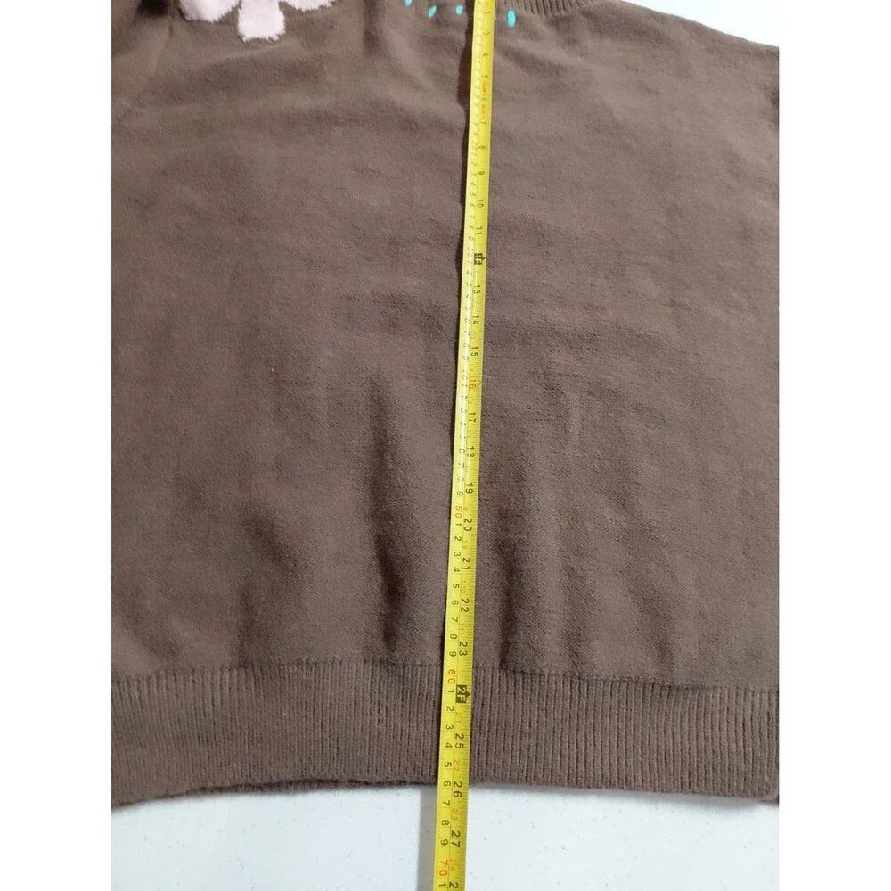 POL Women's V-Neck Sweater Chocolate Brown with Textured Flowers size Large